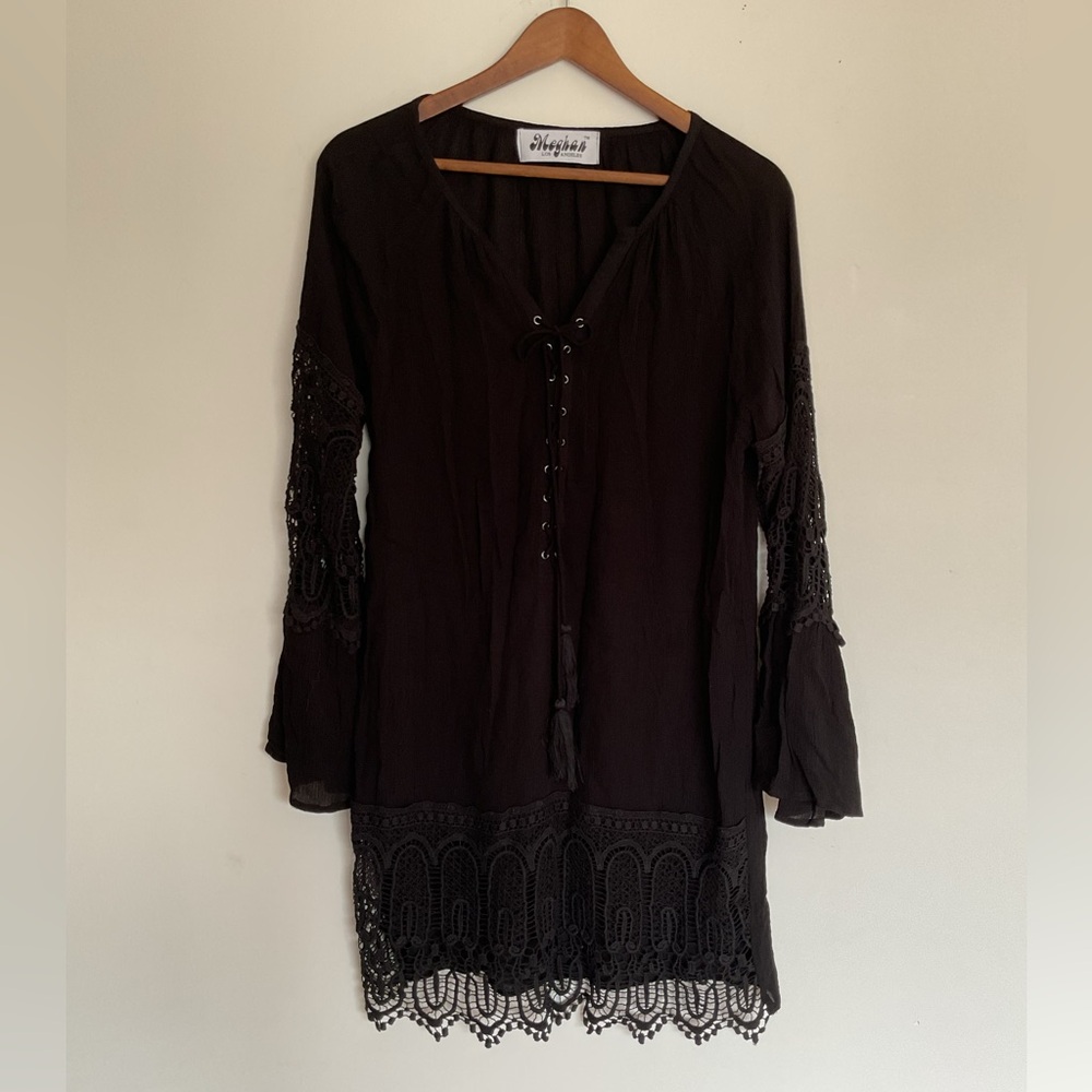 Meghan LA Black Laced Neck Bell Sleeve Dress